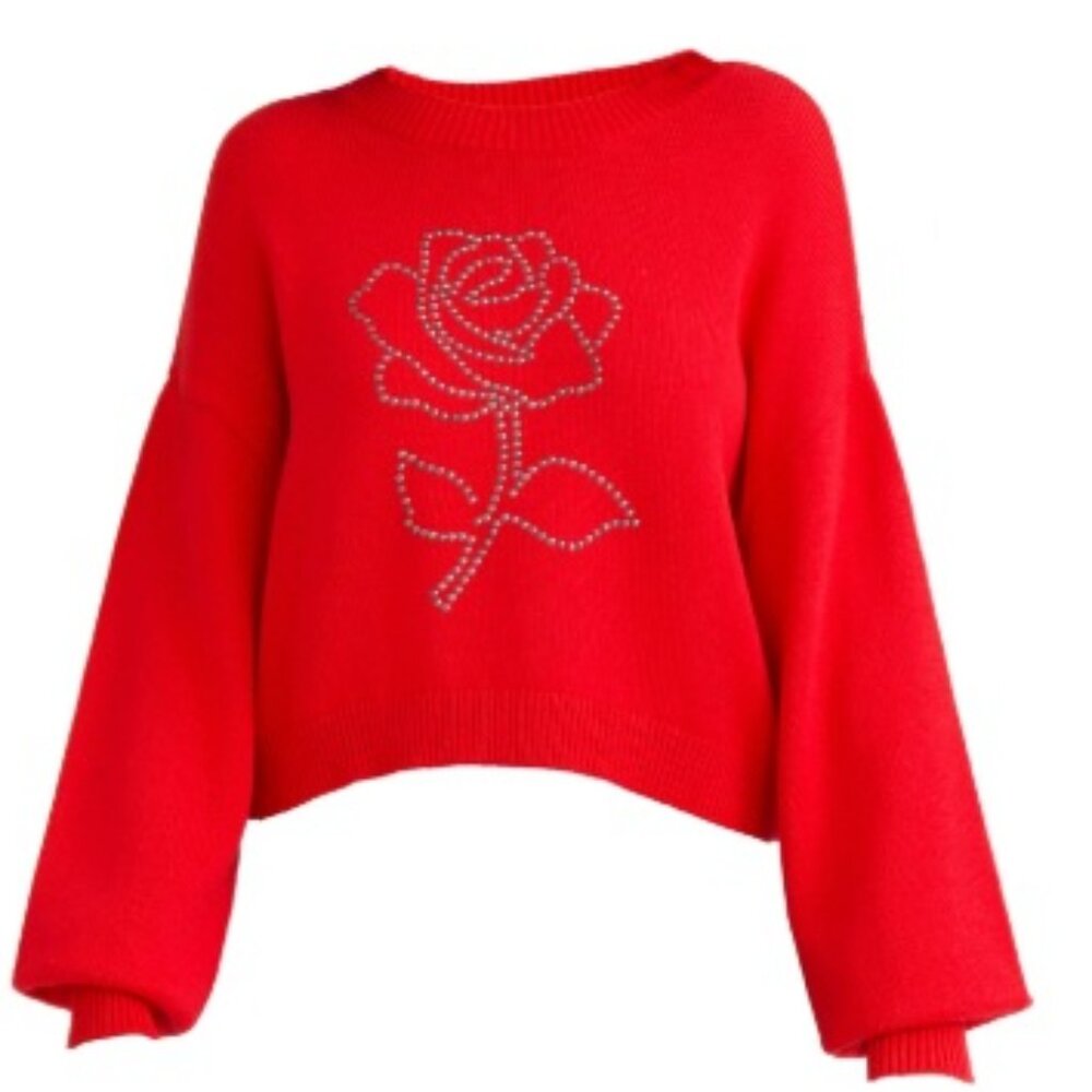New Festive Madden NYC Women's Cropped Crewneck Sweater Midweight (Red) (Medium)
